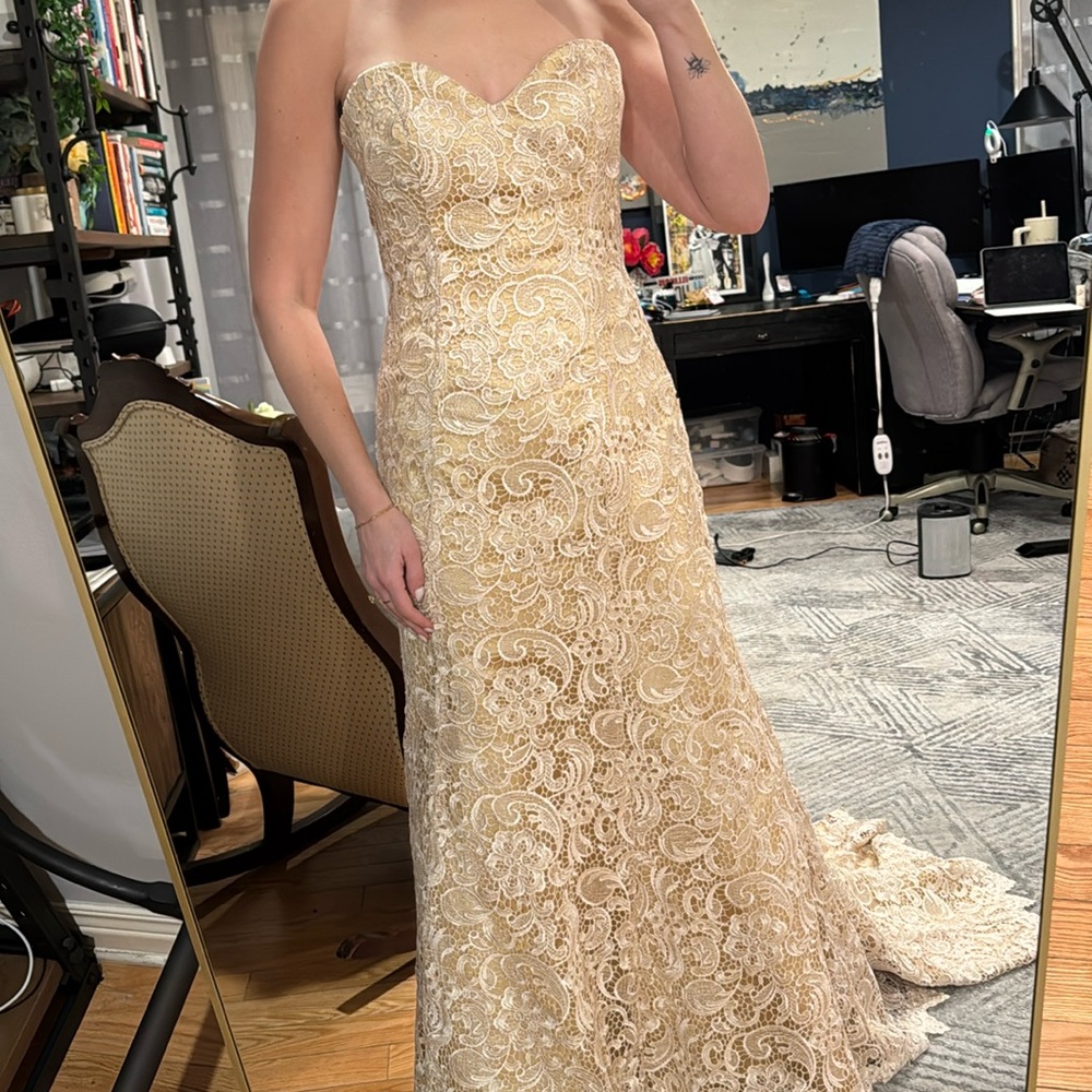 Champagne lace sweetheart neck wedding gown from Joseph Clark Collection